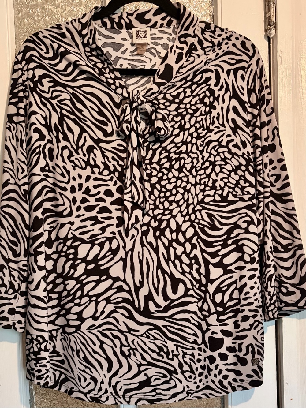 Anne Klein Black & White Animal-Print Tie-Neck Blouse Women’s XL VGUC
